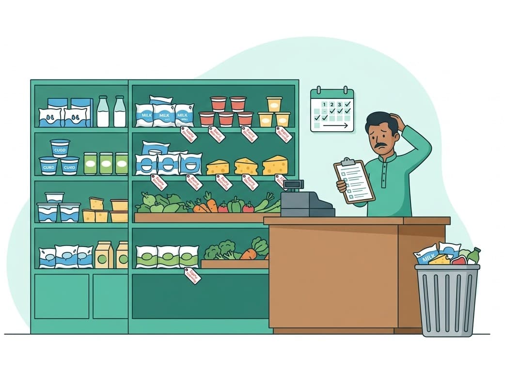 A shopkeeper checking a clipboard against shelves of expiry-tagged stock, with expired goods already in the bin.