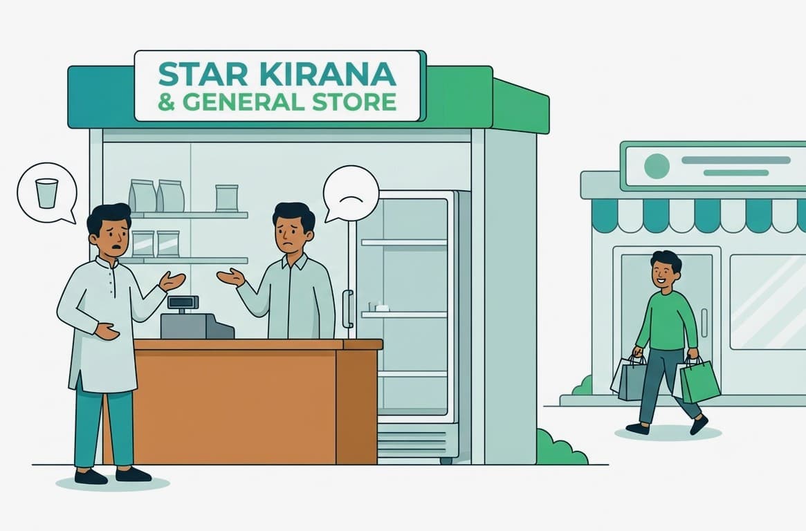 A shopkeeper turning a customer away from an empty fridge while the customer walks to the shop next door.